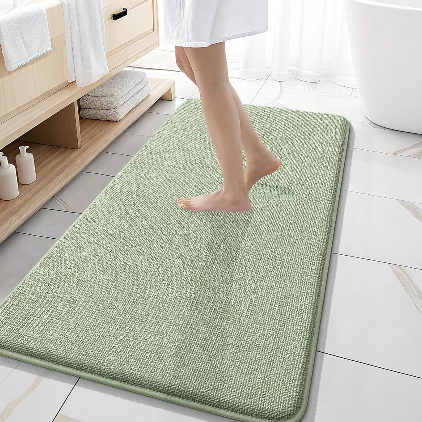 OLANLY Thick Memory Foam Bath Mat Rug 47x20, Extra Soft Absorbent Bathroom Rug, Quick Dry Bath Mats, Non-Slip, Machine Washable Carpet for Bathroom, Tub and Shower, Home Decor Accessories, Sage Green