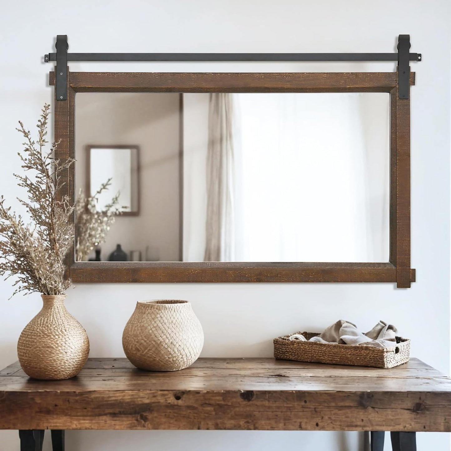 Bathroom Barn Door Mirror: 42"x28" Brown Farmhouse Wood Frame - Rustic Wall Mirror for Entryway/Living Room Wall Decor