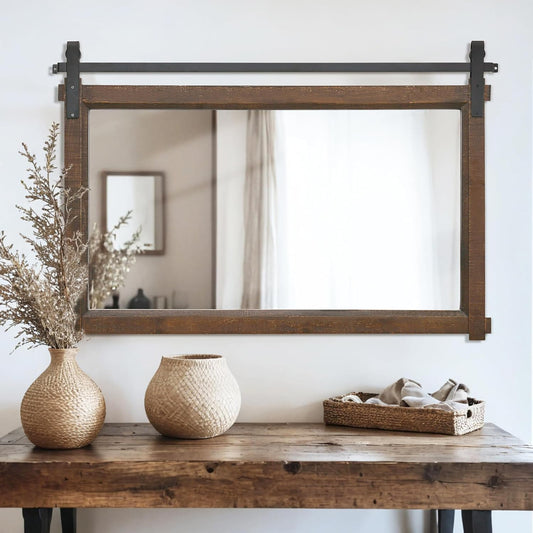 Bathroom Barn Door Mirror: 42"x28" Brown Farmhouse Wood Frame - Rustic Wall Mirror for Entryway/Living Room Wall Decor