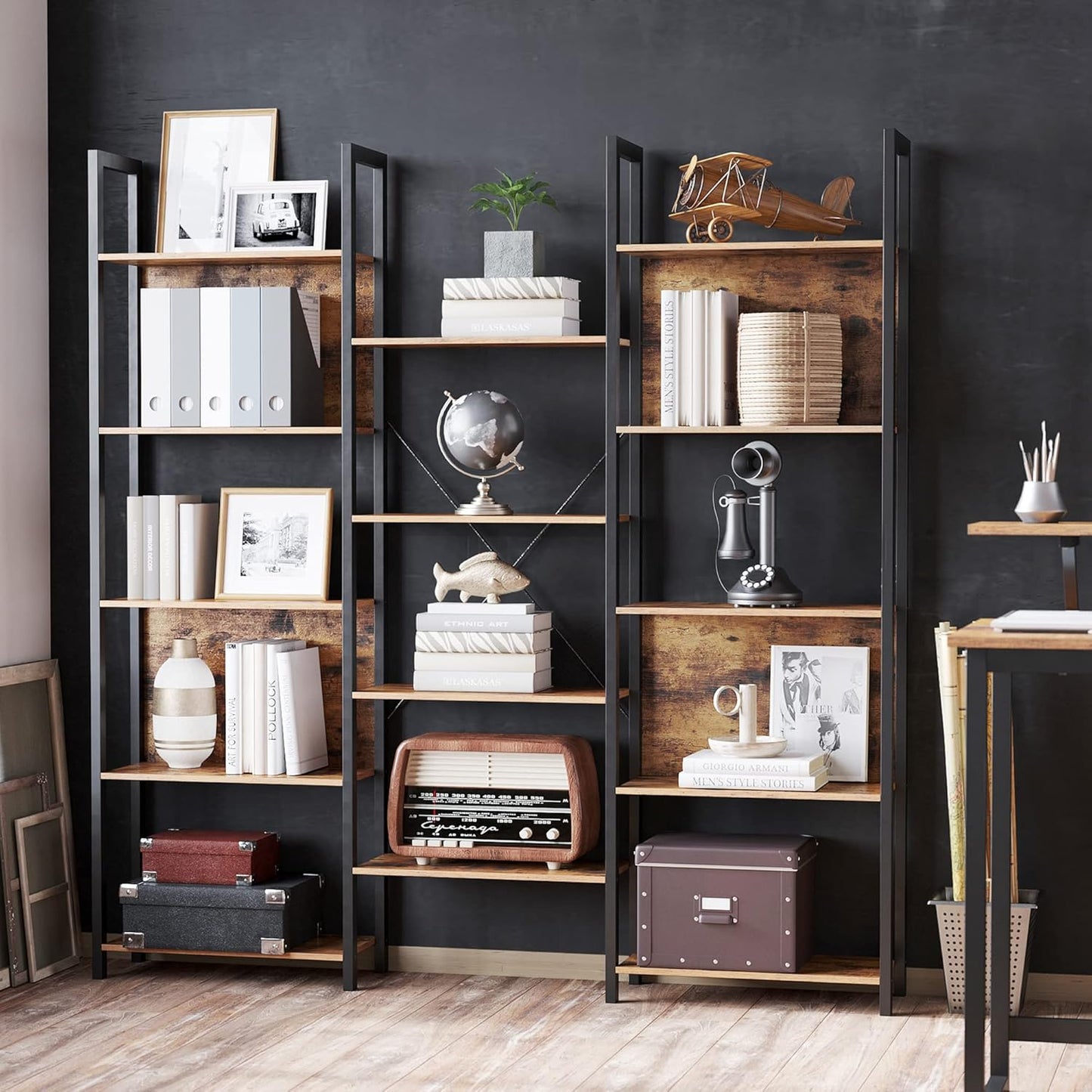 VASAGLE 5-Tier Bookcase with 14 Shelves, Book Shelf with Metal Frame, Bookshelf for Living Room, Home Office, Industrial Style, 9.4 x 62.2 x 65.4 Inches, Rustic Brown and Black ULLS107B01