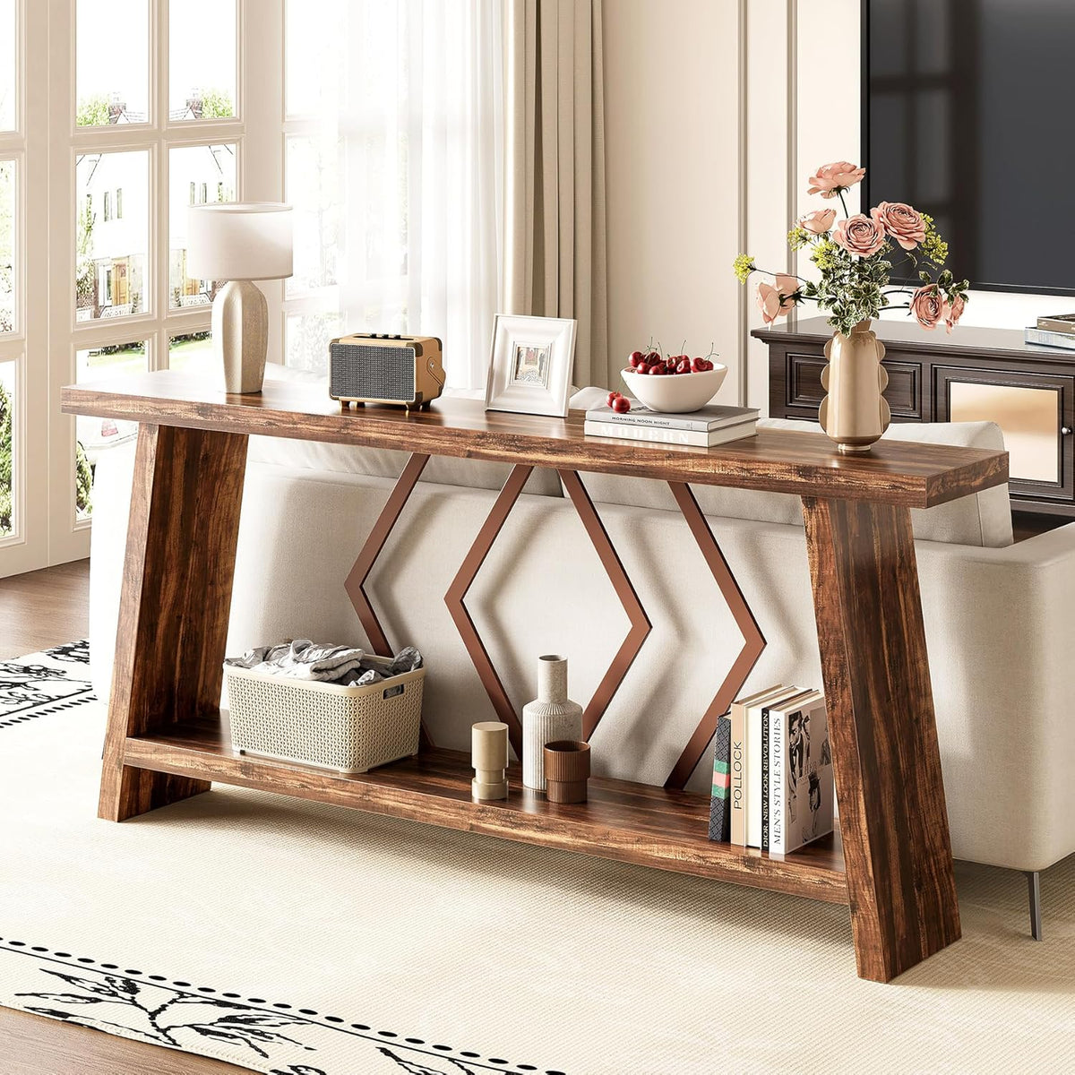 LITTLE TREE 70.9-Inch Console Table, Long Sofa Table Behind Couch, Farmhouse Console with Shelf for Entryway, Living Room, Hallway