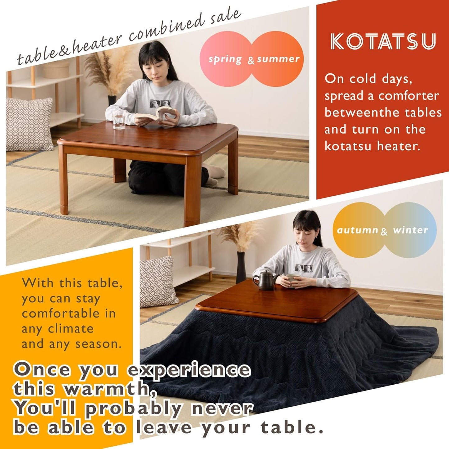 PaletteLife Japanese Heated Table (47x31in)- Wooden Chabudai Furniture with 120V Electric Heater - Low-Lying Dining and Work Desk with Temperature Control Knob Casual kotatsu