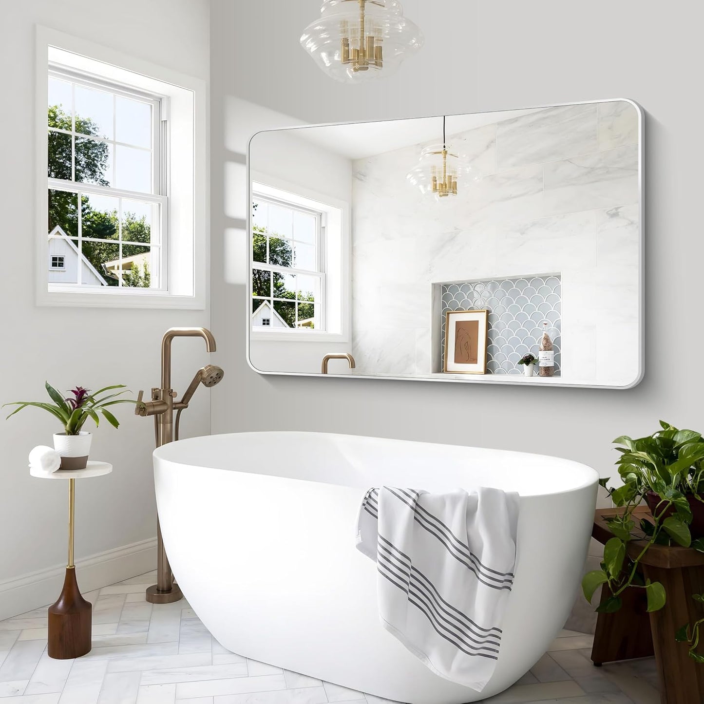 BONEWEI Silver Bathroom Mirror,60x40 inch Wall Mirror for Bathroom Wall Mounted,Rectangle Mirror for Bathroom Over Sink,Modern Frame Round Corner for Living Room,Bedroom Entryway,Horizontal/Vertical