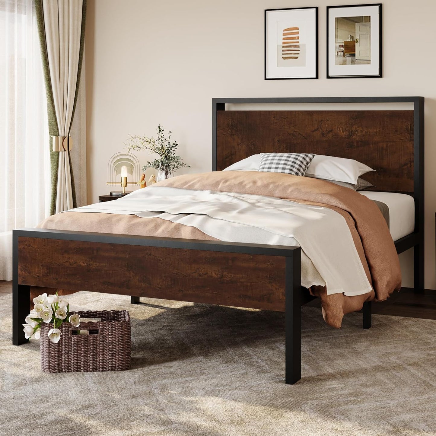 SHA CERLIN 14 Inch Twin Size Metal Platform Bed Frame with Wooden Headboard and Footboard, Mattress Foundation, No Box Spring Needed, Large Under Bed Storage, Heavy Duty Slats Support, Mahogany