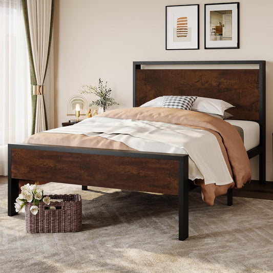 SHA CERLIN 14 Inch Twin Size Metal Platform Bed Frame with Wooden Headboard and Footboard, Mattress Foundation, No Box Spring Needed, Large Under Bed Storage, Heavy Duty Slats Support, Mahogany