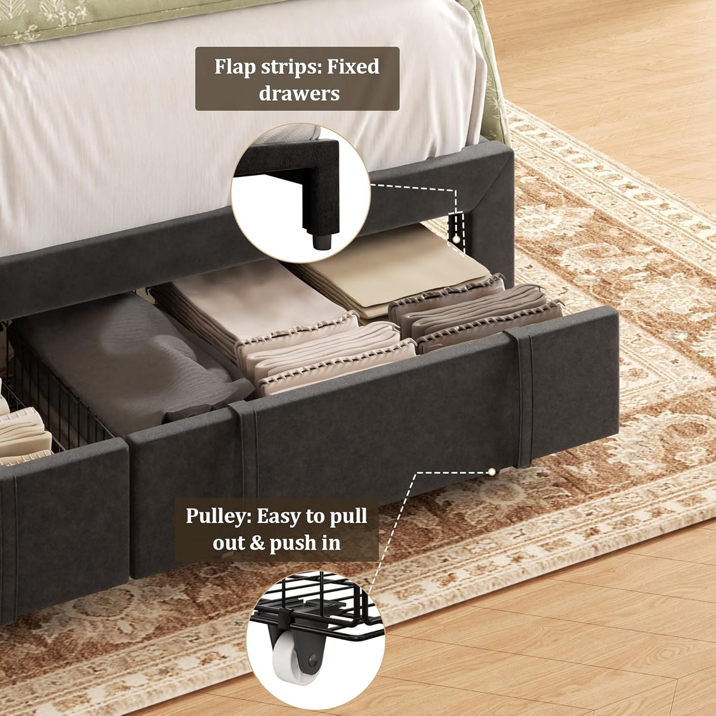 King Bed Frame with Storage Drawers, Upholstered Platform Bed with Headboard and Wingboard, No Box Spring Needed, NO Noise, Easy Assembly, Wooden Support Slats, Black