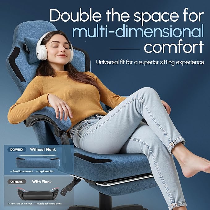 Dowinx Fabric Gaming Chair with Pocket Spring Cushion,Breathable Computer Chair with Massage Lumbar Support and Footrest,High Back Game Office Chair for Adult,Dark Blue