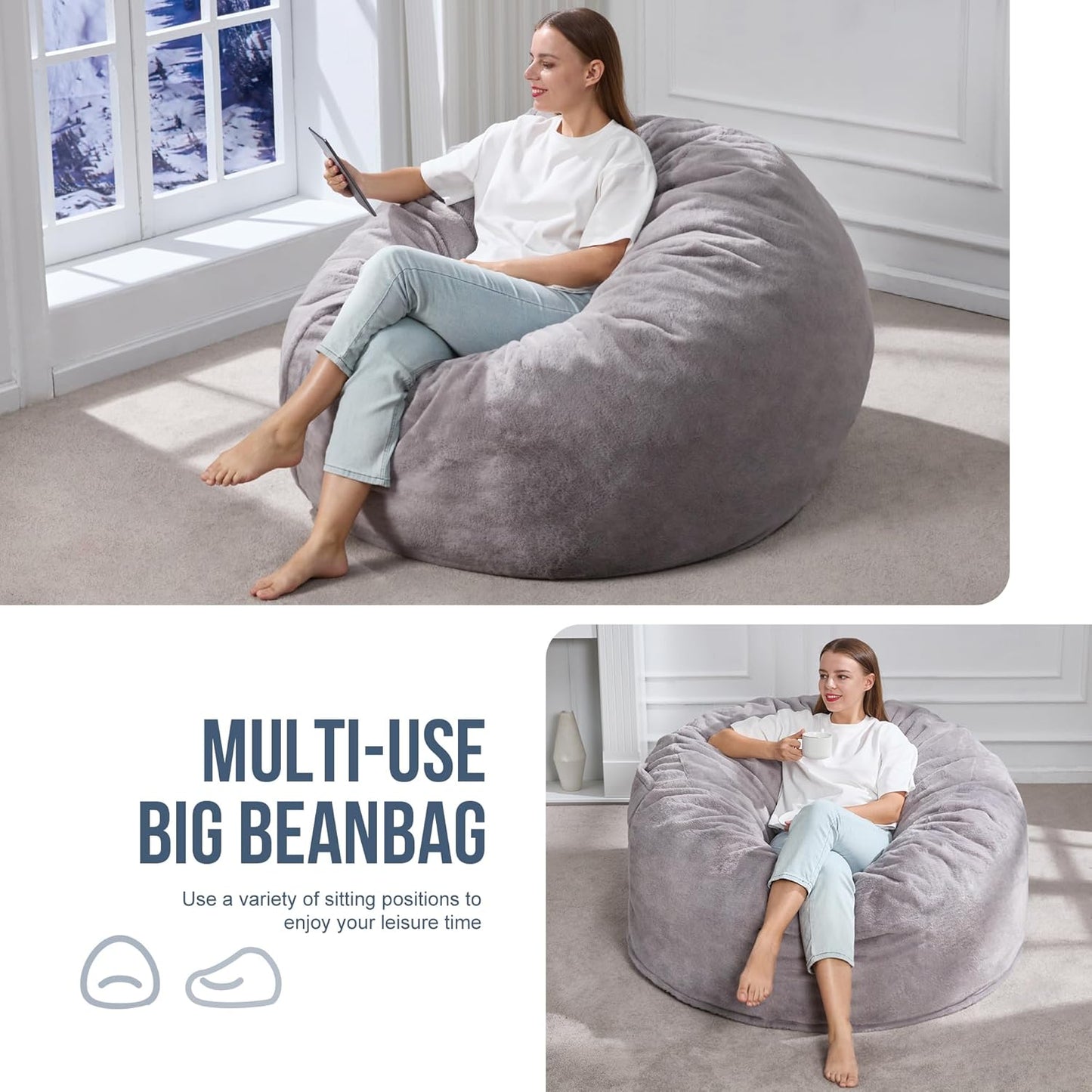 Hobestluk 4ft Bean Bag Chairs for Adults Large Beanbag Chair with Plush Faux Fur Cover Big Bean Bag Chair for Living Room Bedroom Dorm Office - Grey (44” x 44” x 24”)