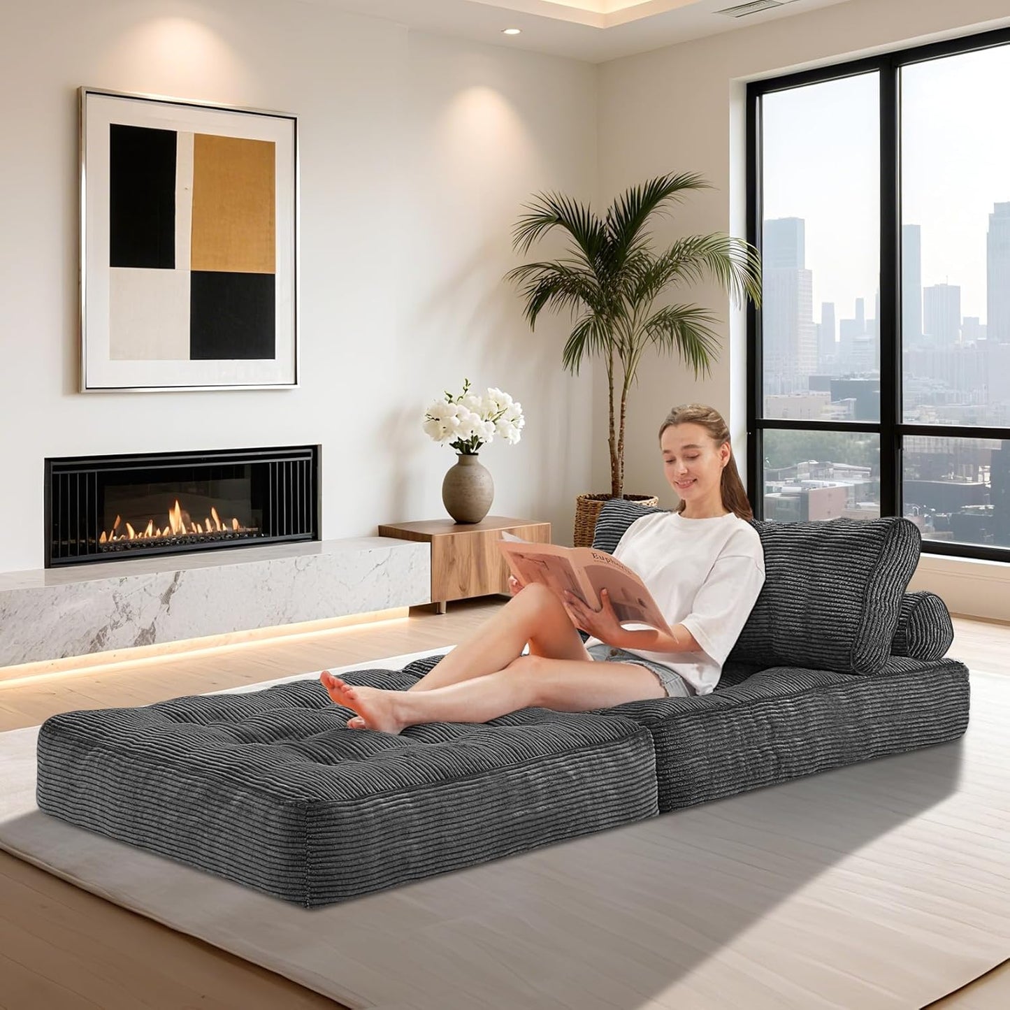 HABUTWAY Folding Sofa Bed, Convertible Sleeper Chair Bed w/Dual-Pillow & Handle, Foldable Floor Sofa Lounge w/Back Support for Living Room, Bedroom, Apartment, Office, Grey