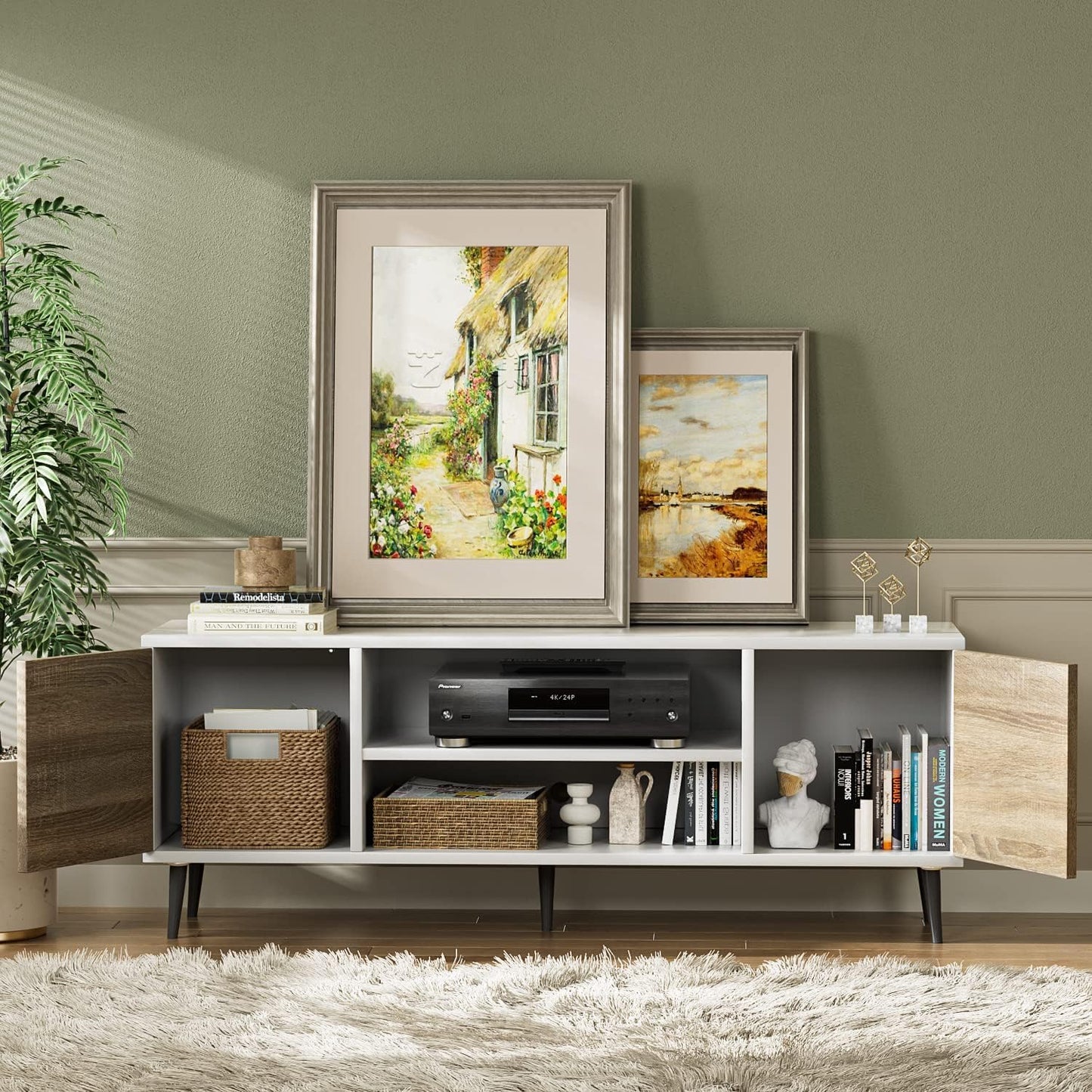 YESHOMY Modern TV Stand for 65" Television, Entertainment Center with Two Storage Cabinets, Retro Style Media Console for Living Room, Bedroom, Office, 58 Inch, Light Brown