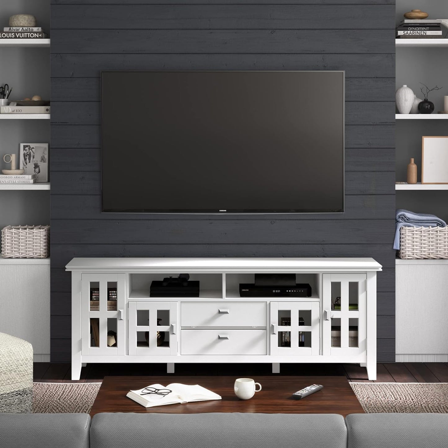 SIMPLIHOME Artisan SOLID WOOD 72 Inch Wide Contemporary TV Media Stand in White for TVs up to 80 Inches, For the Living Room and Entertainment Center