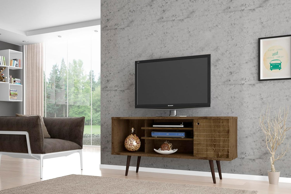 Manhattan Comfort Liberty Collection Mid Century Modern TV Stand With One Cabinet and Three Open Shelves and One Cubby With Splayed Legs, Wood, Rustic Brown, Small (200AMC9)