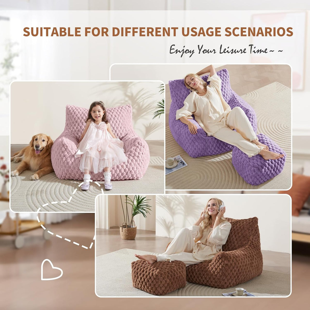 Bean Bag Chair with Ottoman - Modern Comfy Beanbag Sofa with Footrest, Soft Faux Fur Lounger Chair for Adults Teens, Cozy Memory Foam Filled Gaming Reading Chairs for Bedroom, Living Room (Brown)