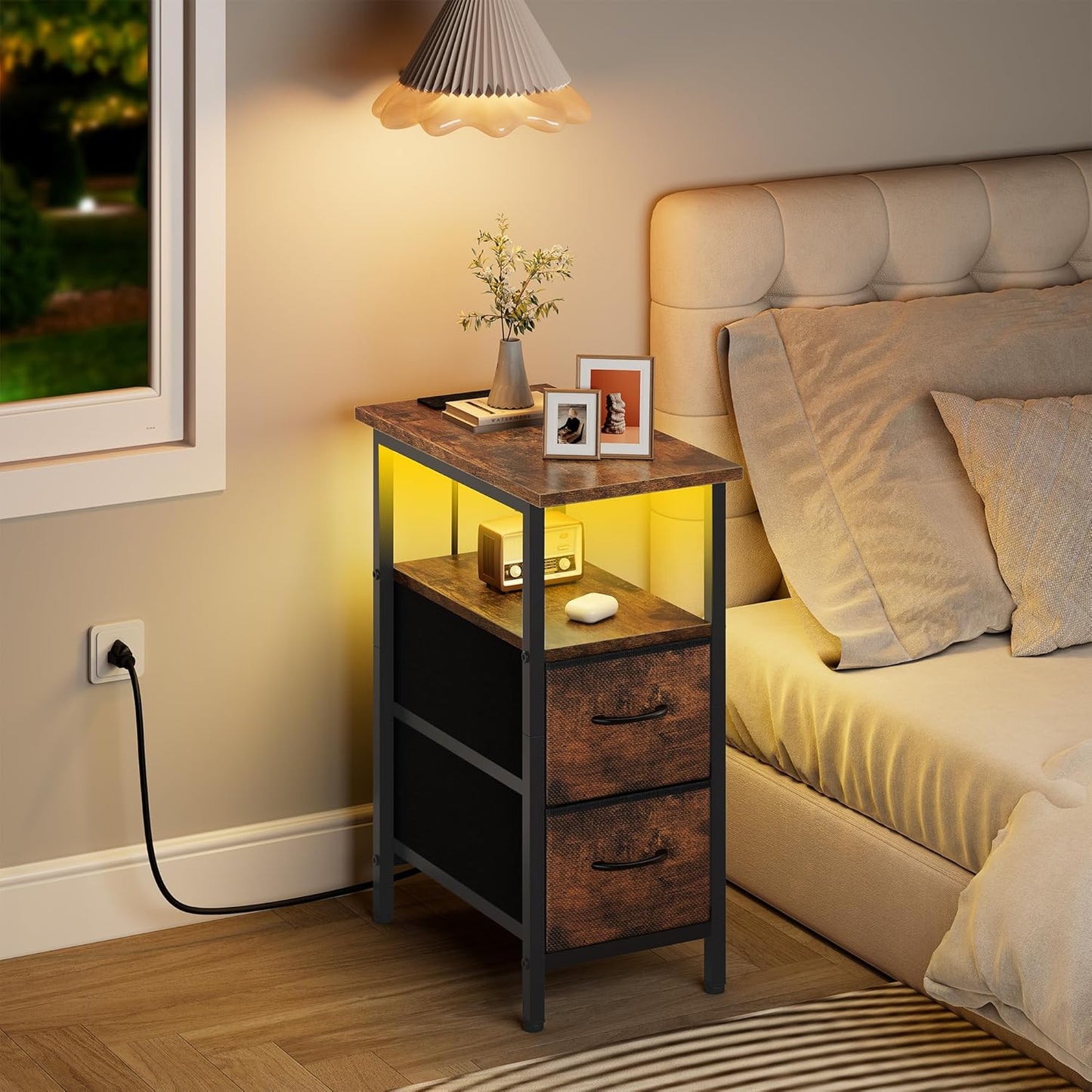 Vagusicc Set of 2 Nightstand with Charging Station and LED Lights, Narrow Side Table, LED Night Stand with 2 Fabric Drawers, Bedside Table Small End Table, Tall Nightstand for Bedroom, Rustic Brown