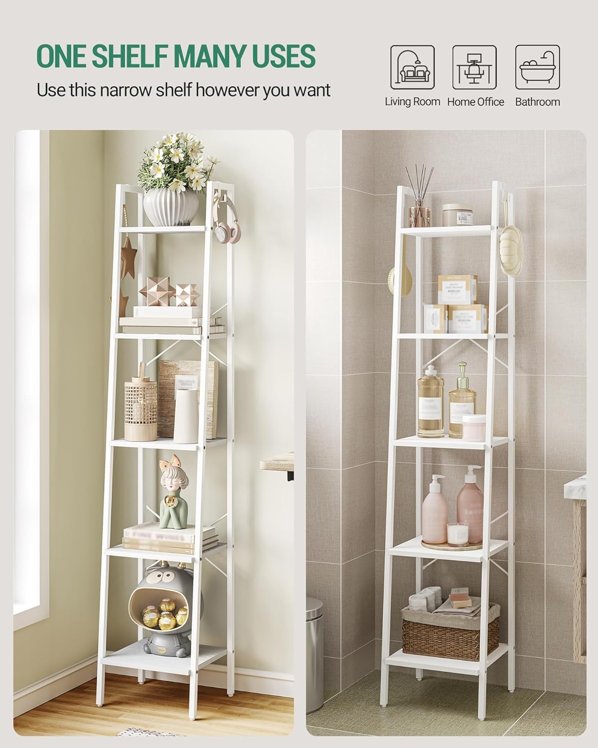 Ladder Shelf, Bookshelf Bookcase, Freestanding Corner Storage Shelve with 2 Hooks for Home Office, Living Room, Kitchen, Bedroom, Industrial, 5-Tier White BC03213W
