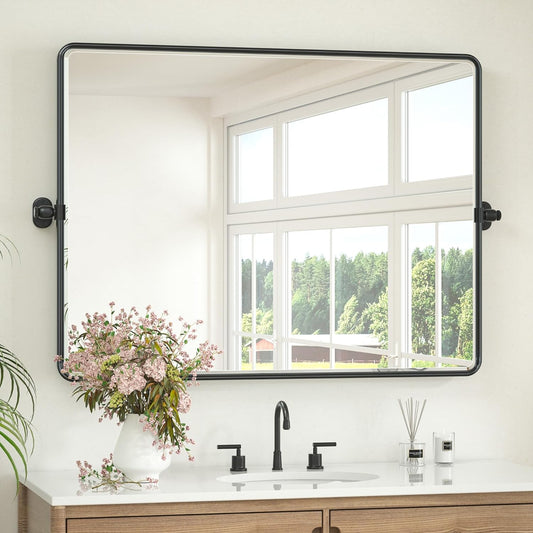 Keonjinn Large Pivot Mirror Bathroom, 40 x 30 Inch Beveled Tilt Mirror Bathroom, Black Metal Framed Mirrors with Rounded Corner, Farmhouse Rectangle Vanity Mirrors for Wall (Horizontal/Vertical)