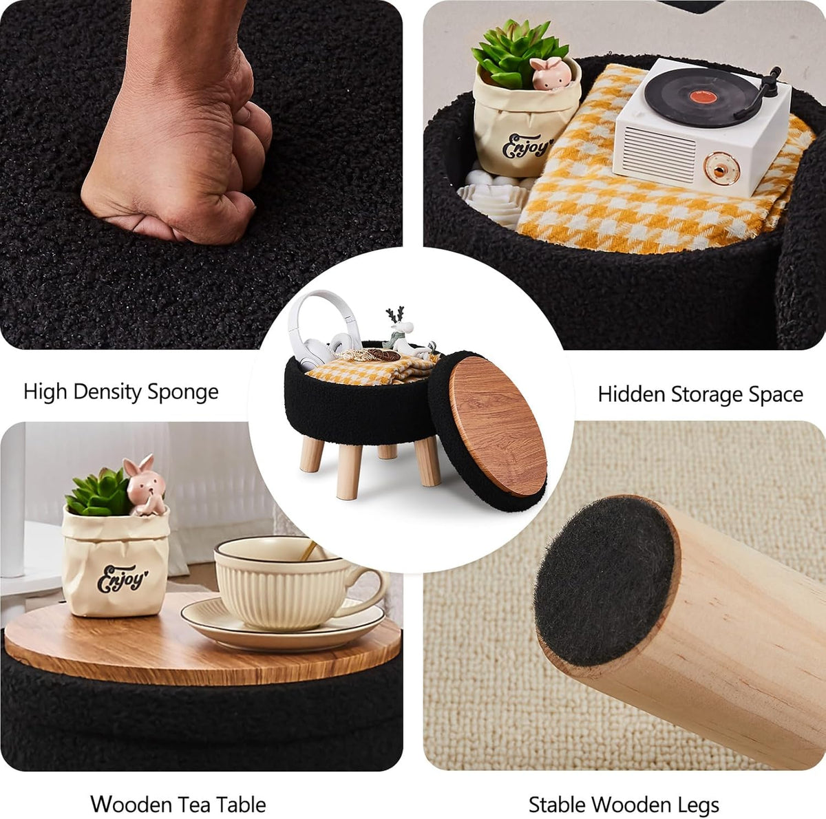 Wimarsbon Storage Ottoman, Modern Round Footrest with Soft Padded Seat, Teddy Velvet Footstool with Wood Legs, Accent Small Table or Plant Stand for Hallway, Living Room (Black)