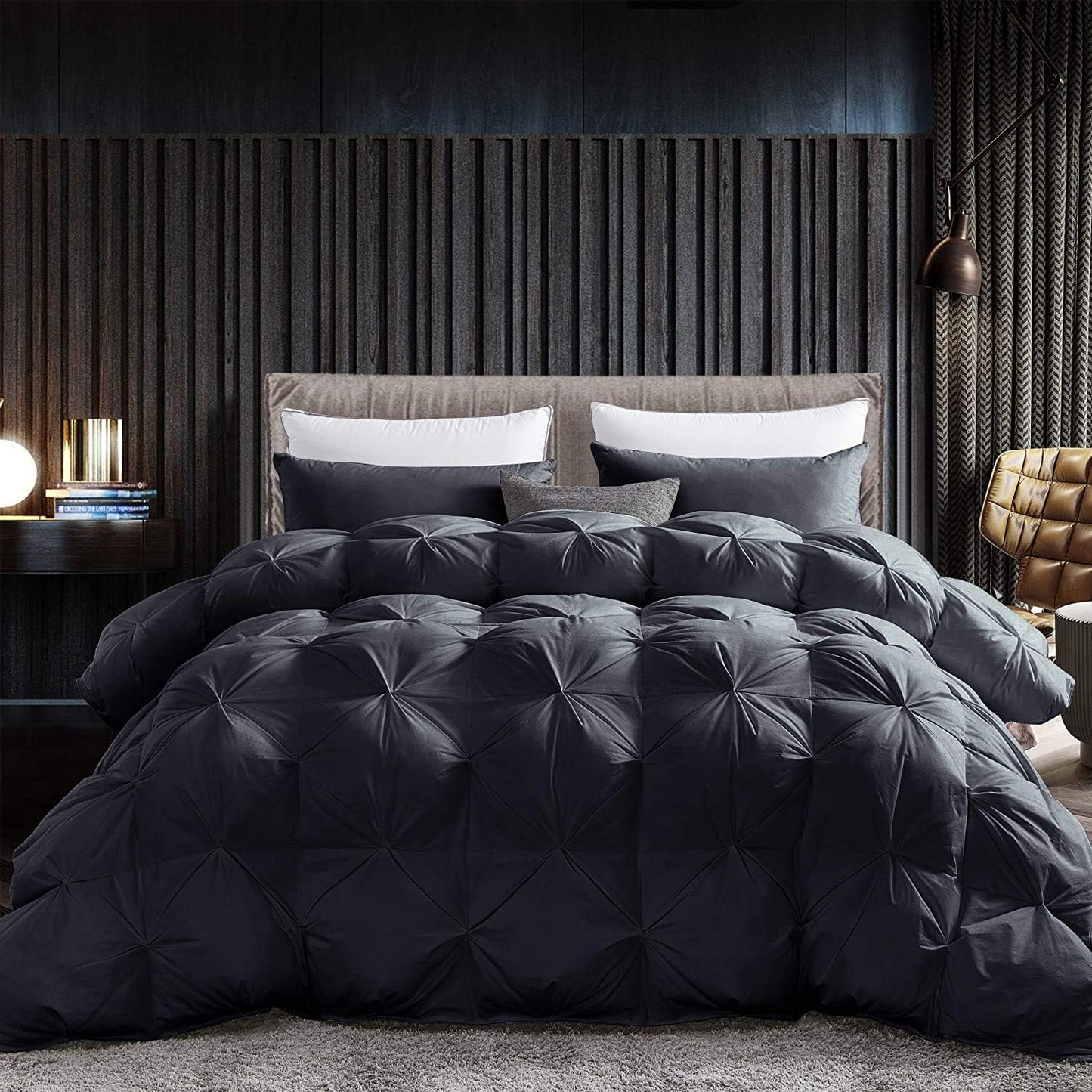 Luxurious All-Season Goose Down Feather Fiber Comforter Twin Size Duvet Insert, Exquisite Pinch Pleat Design, Premium Baffle Box, 100% Egyptian Cotton Cover, 50 oz. Fill Weight, Black