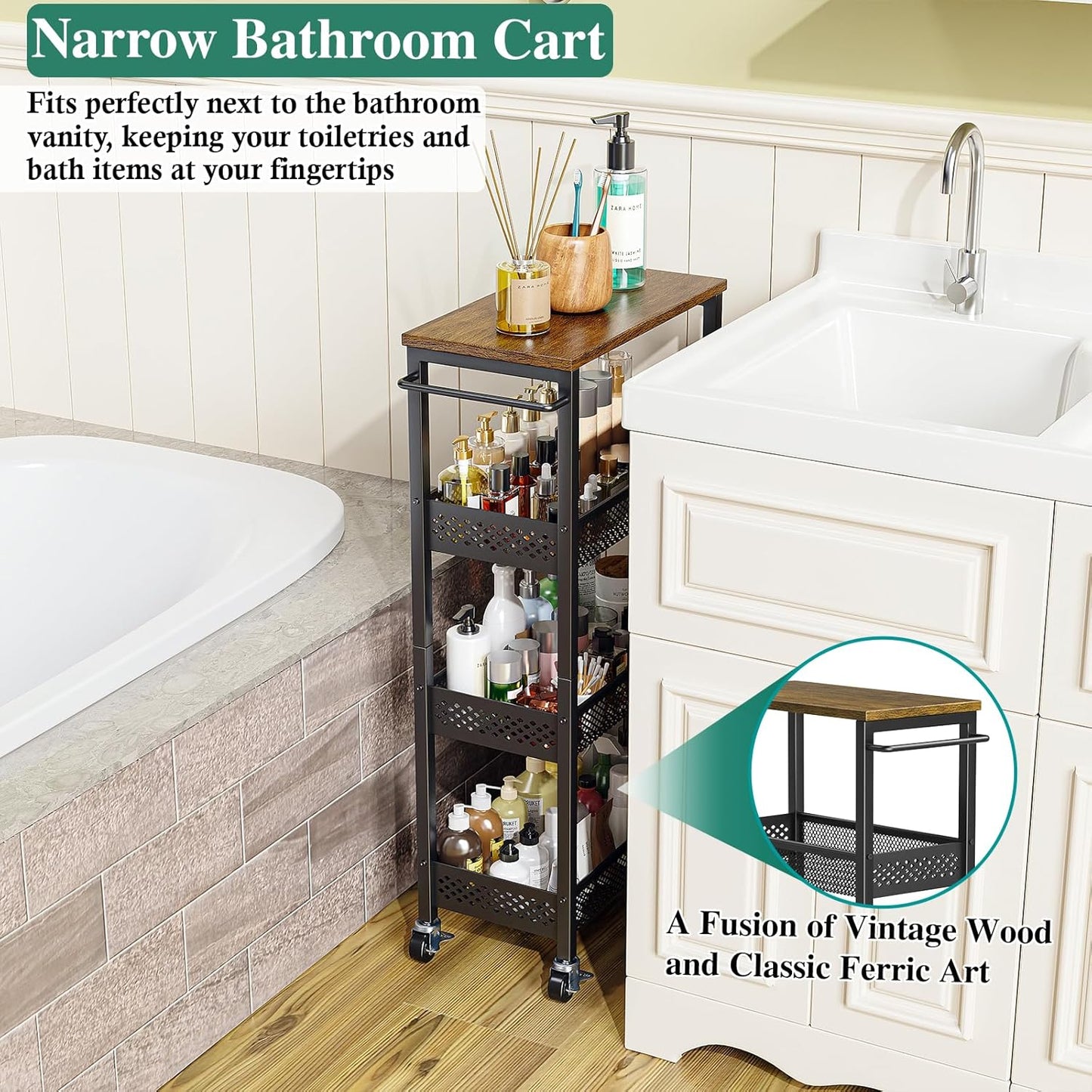 Utility Slim Storage Cart, 4-Tier Narrow Bathroom Organizer and Storage Cart, Metal Narrow Kitchen Laundry Room Organization Rack with Wood Top, Slim Rolling Shelf with Wheels for Small Space