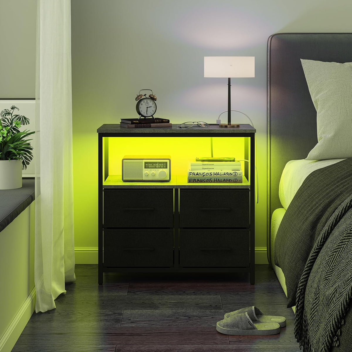 TUTOTAK LED Night Stand with Charging Station, Large Nightstand with USB and Type-C Port, Bedside Table with Cloth Drawers, End Table for Livingroom, Bedroom, Charcoal Grey TB01BY081L