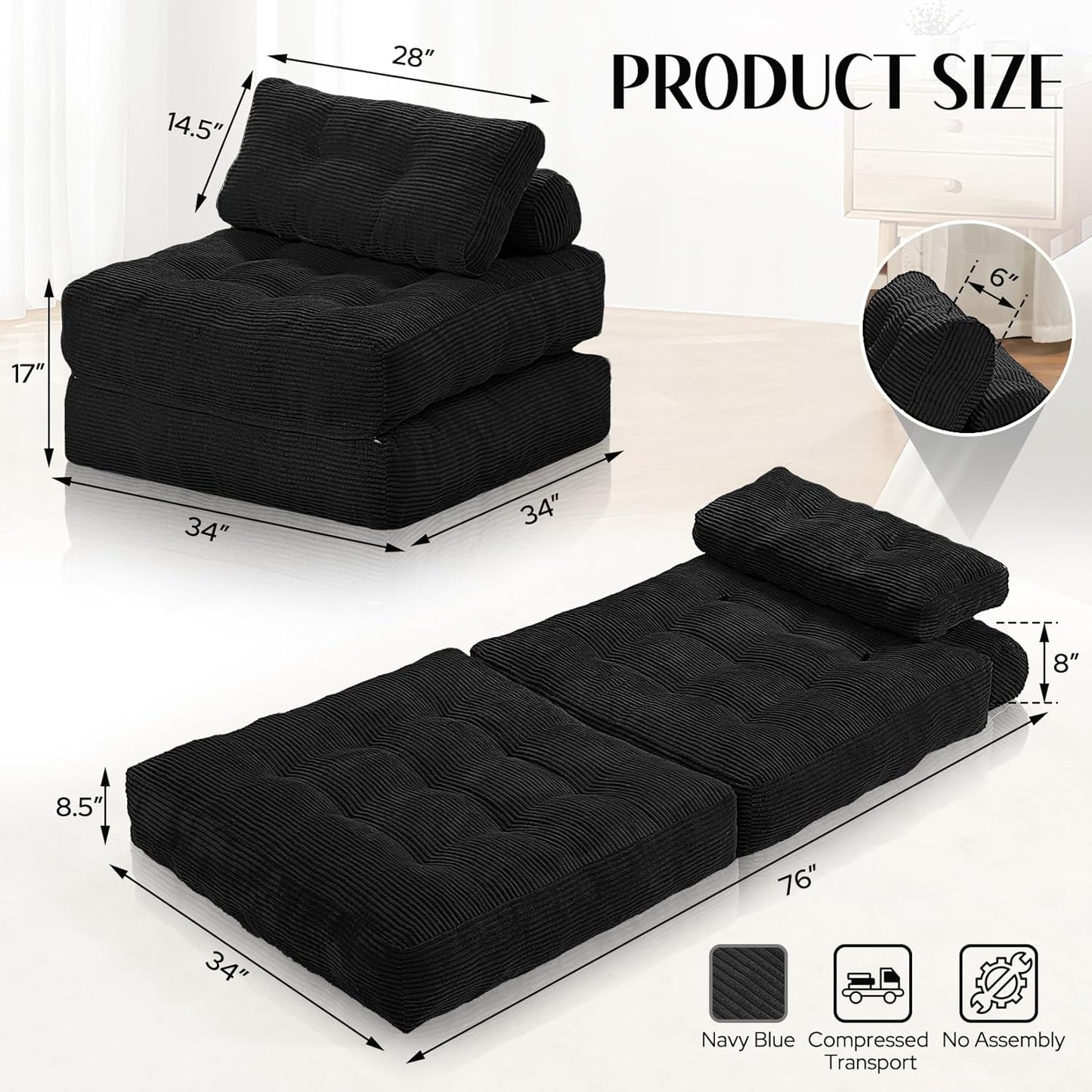 HABUTWAY Folding Sofa Bed, Convertible Sleeper Chair Bed w/Dual-Pillow & Handle, Foldable Floor Sofa Lounge w/Back Support for Living Room, Bedroom, Apartment, Office, Black