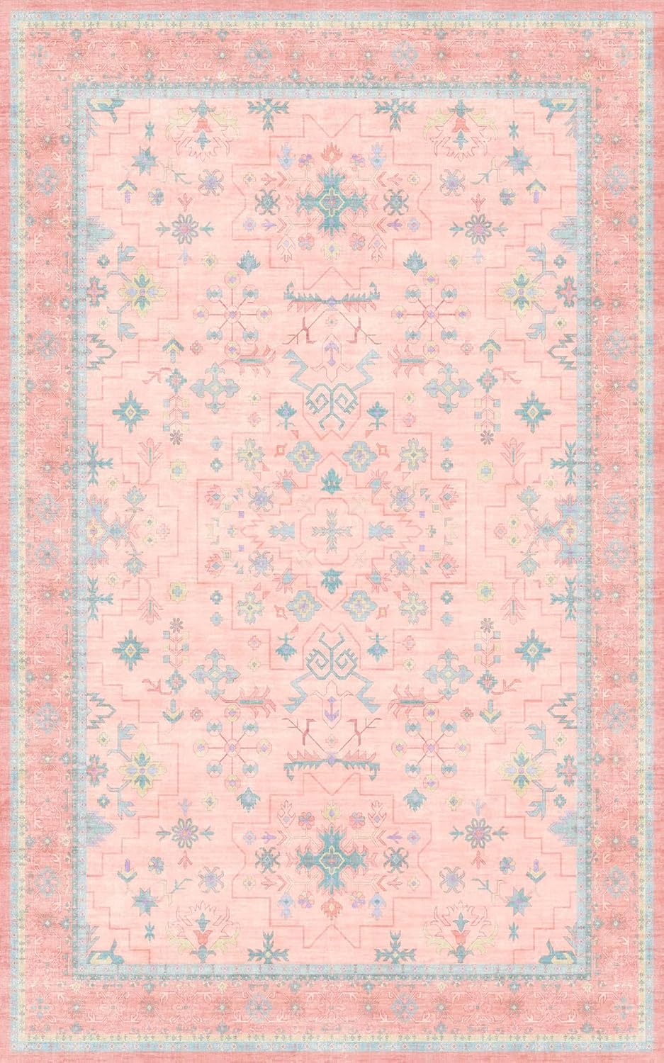 Pink and Blue Washable 5x8 Living Room Rugs, Boho Aethestic Oushak Vintage Area Rug for Bedroom Girls Kids Playroom Nursery Room, Non-Slip Rubber Backing Stain Resistant