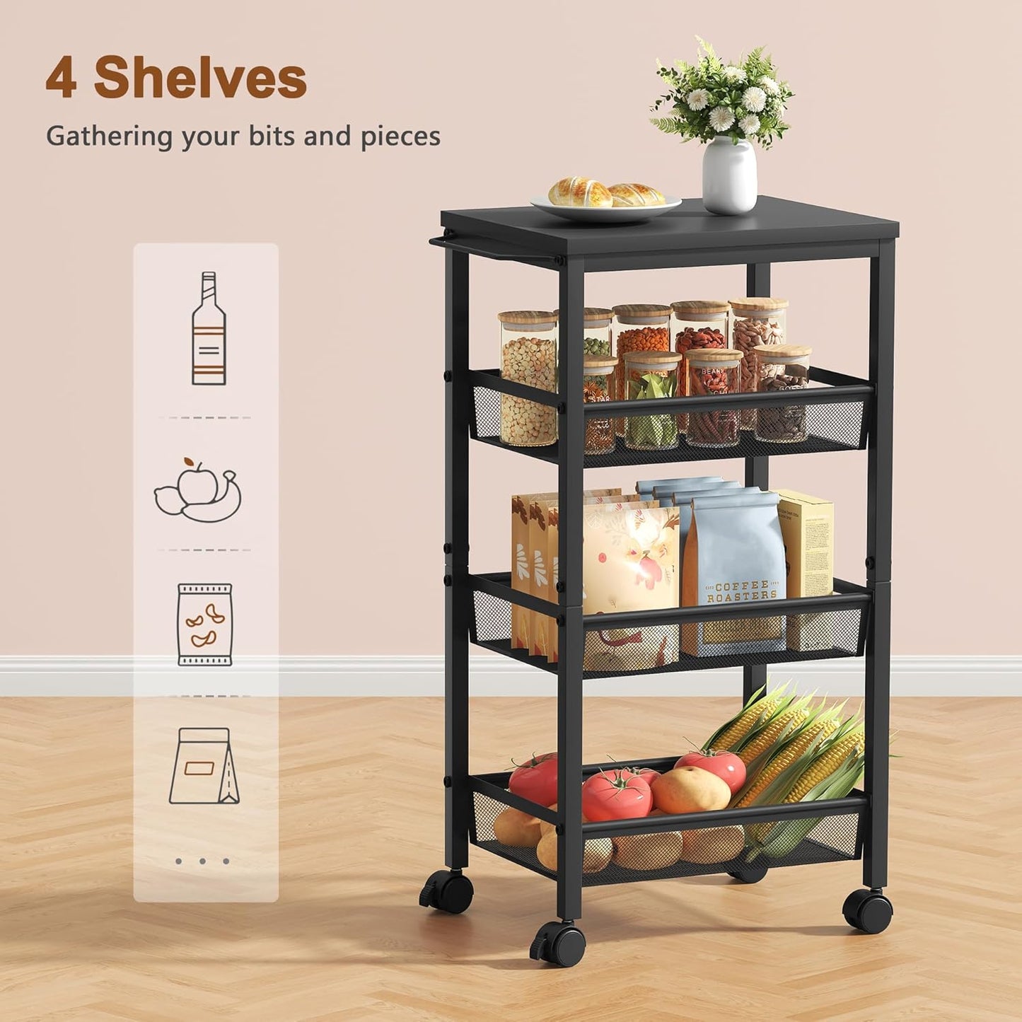 Hoctieon Rolling Storage Cart, 4-Tier Wide Panel Rolling Kitchen Storage Cart, Utility Cart with Handle & Wheels, Mobile Shelving Unit, Metal Frame Narrow Cart for Home Kitchen, Laundry, Black
