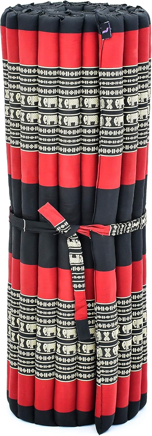 Leewadee - Kapok Roll Mat – Handcrafted Folding Sleep & Relaxation Mattress from Thailand, Ideal as Guest Bed, Camping Mat, Yoga Mat or Traditional Futon, 75 x 39 inches, Black Red