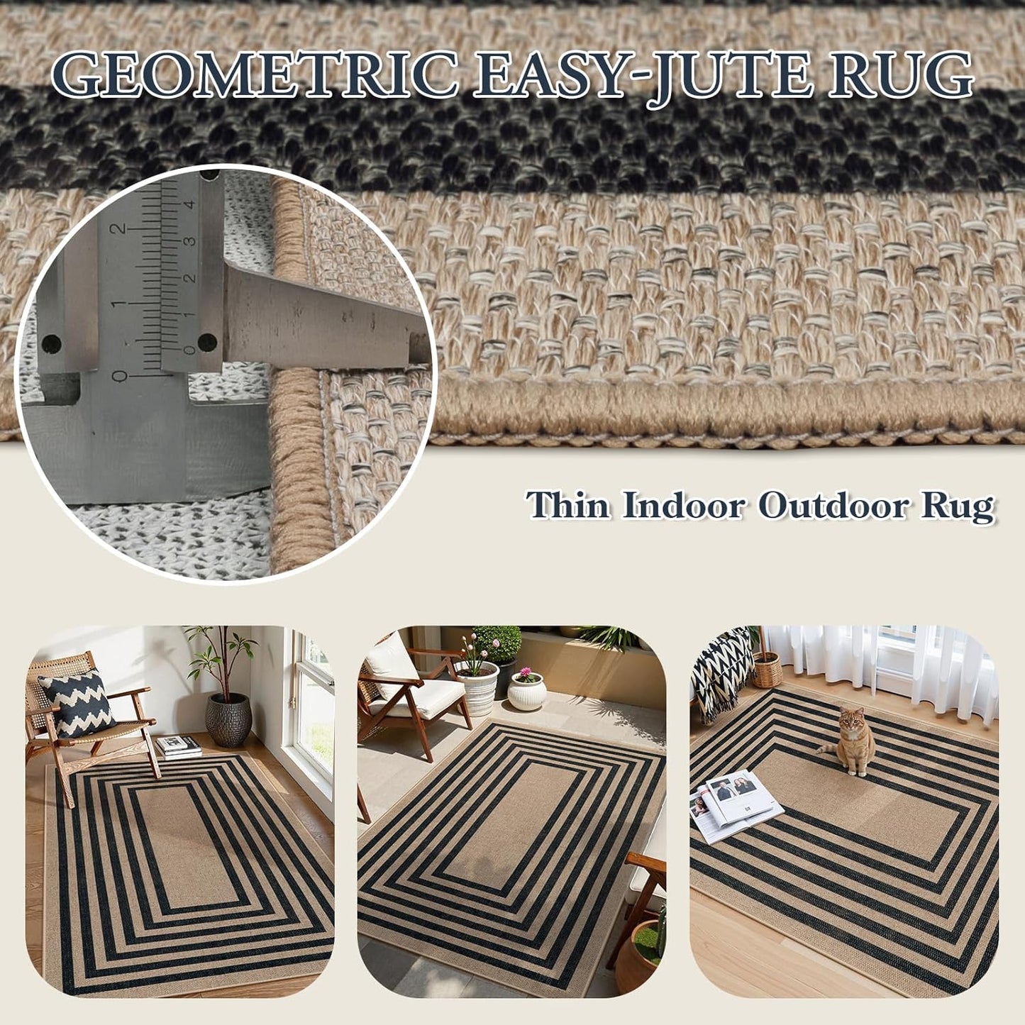 Lahome Modern Geometric Easy Jute Entryway Rug, 4x6 Black Washable Carpet for Bedroom Contemporary Thin Living Room Patio Rug, Farmhouse Non Slip Indoor Outdoor Carpet for Dining Room Backyard