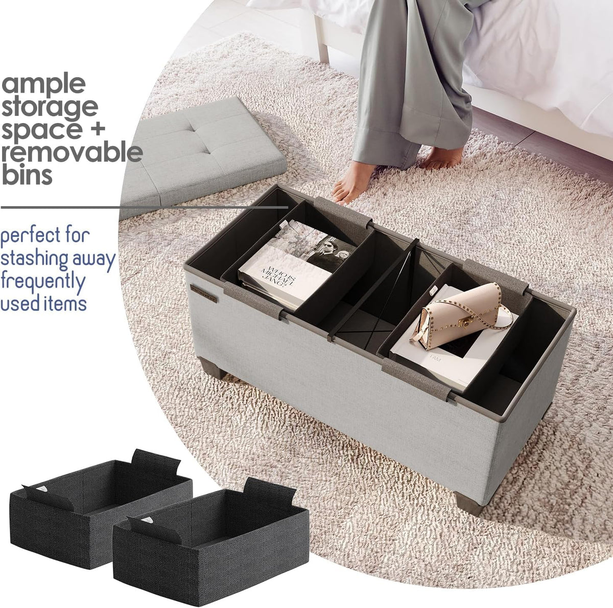 STORAGEBUD Storage Ottoman Bench with Bins, 30-in Storage Bench for Bedroom End of Bed, Folding Foot Rest Ottoman for Living Room Max 660lbs, Fabric Ottomans, Light Grey