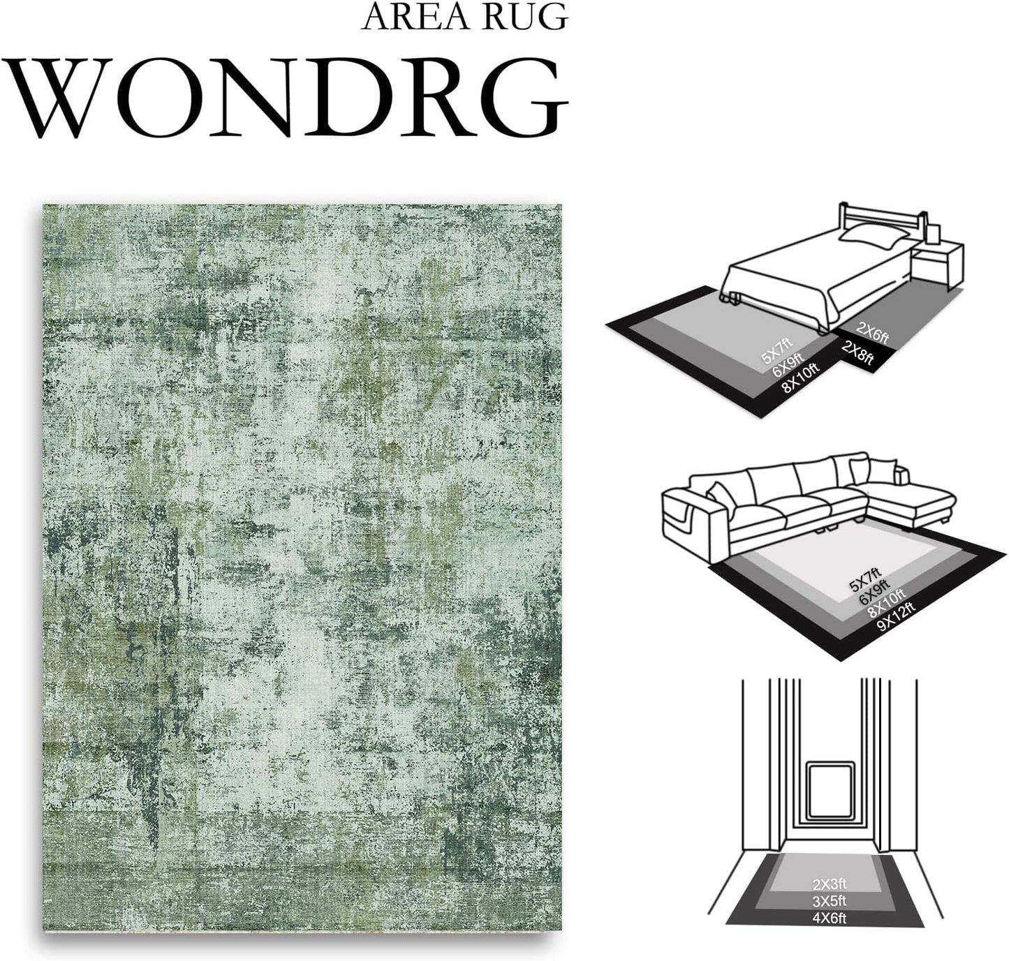 8x10 Washable Area Rug Dark Green Modern Neutral Abstract Living Room Bedroom Indoor Floor Carpet Low Pile Soft Non-Slip Lightweight Vacuumable Large Throw Rug for Nursery Dining Room