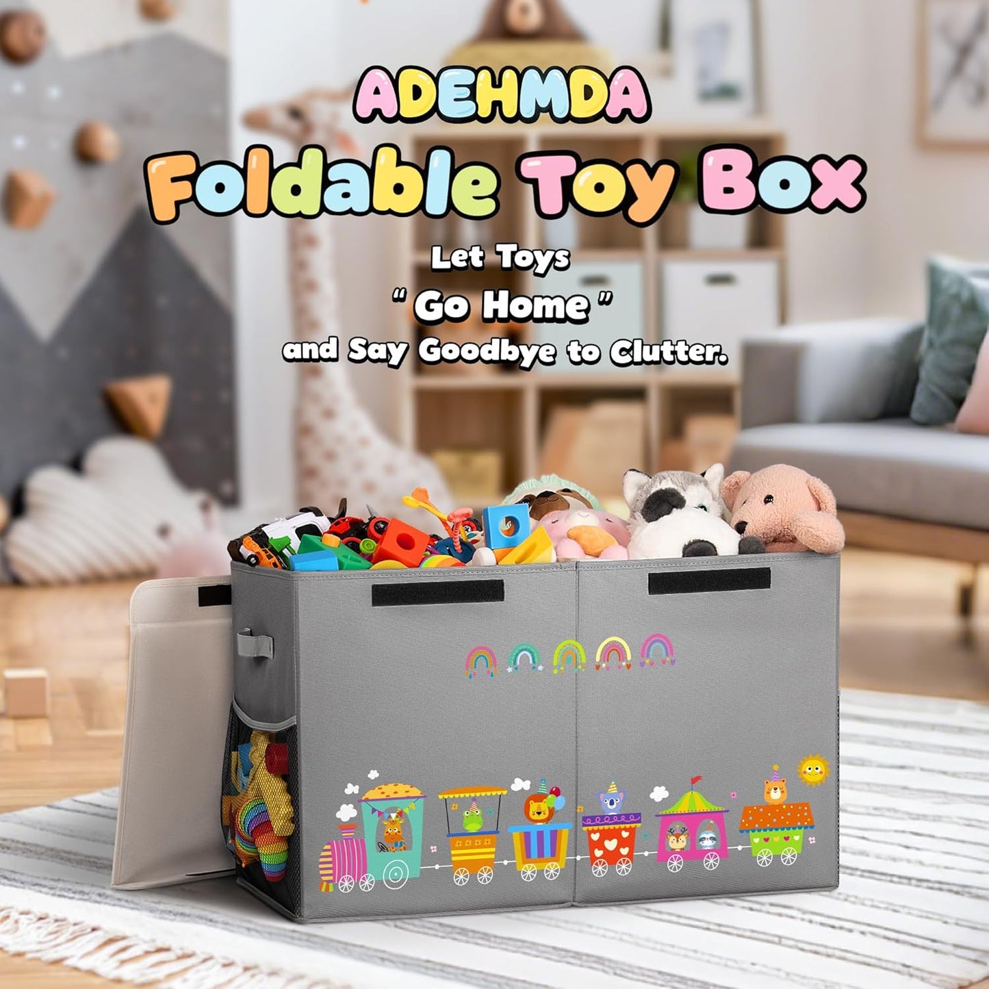 80L Large Toy Storage Box with Lid, Large Toy Box Chest for Kids, Girls and Boys, Nursery Room and Living Room, 26"x13" x16" (grey-train)