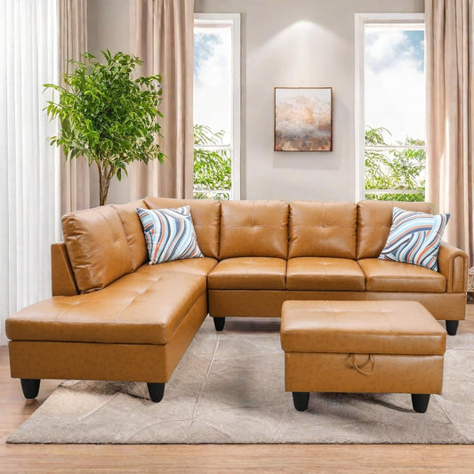 L Shaped Sectional Couches, Leather Couch Modular Sectional Sofa with Ottoman Storage, Modern L Shaped Couch with Chaise for Living Room Bedroom Apartment Furniture, Orange