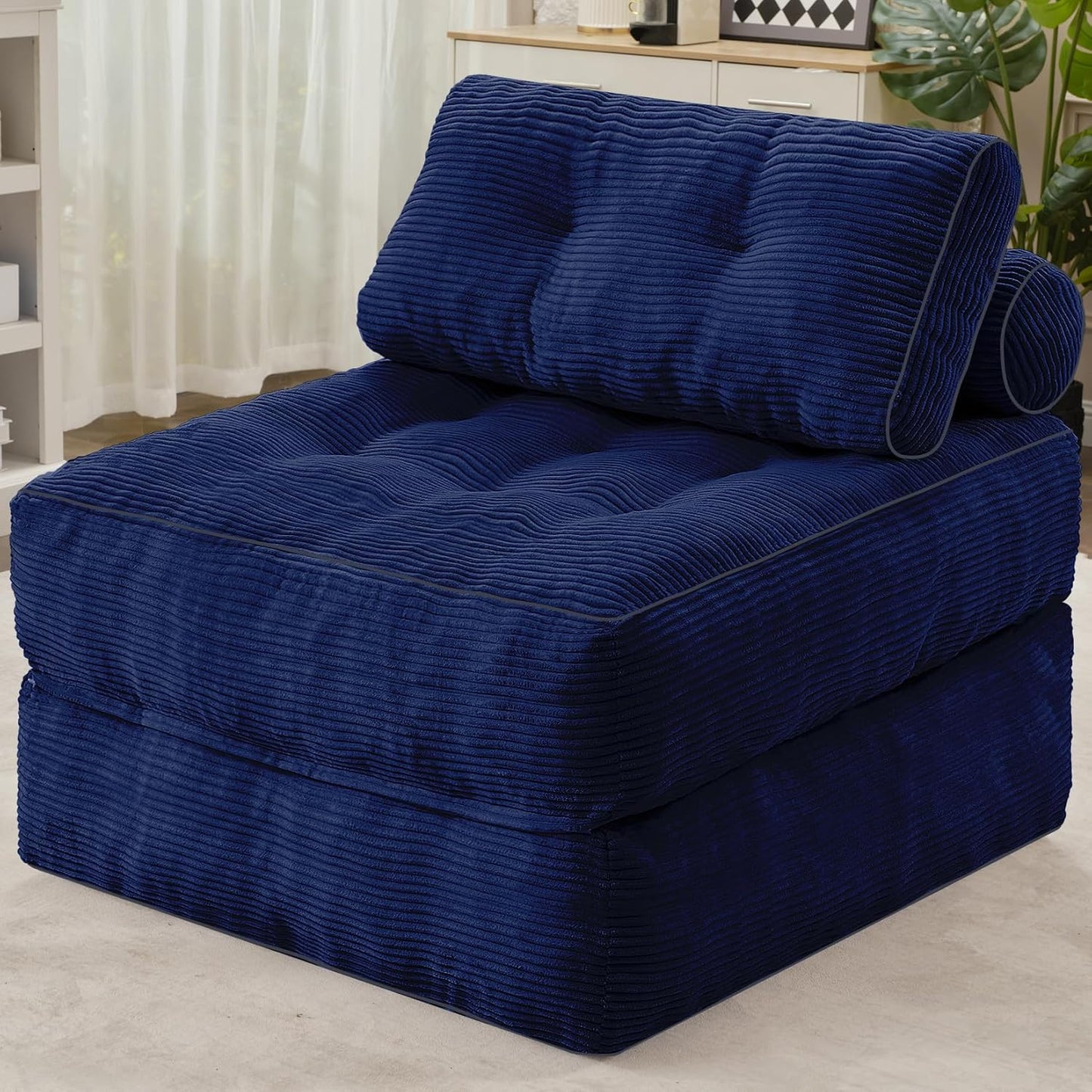 HABUTWAY Folding Sofa Bed, Convertible Sleeper Chair Bed w/Dual-Pillow & Handle, Foldable Floor Sofa Lounge w/Back Support for Living Room, Bedroom, Apartment, Office, Navy Blue