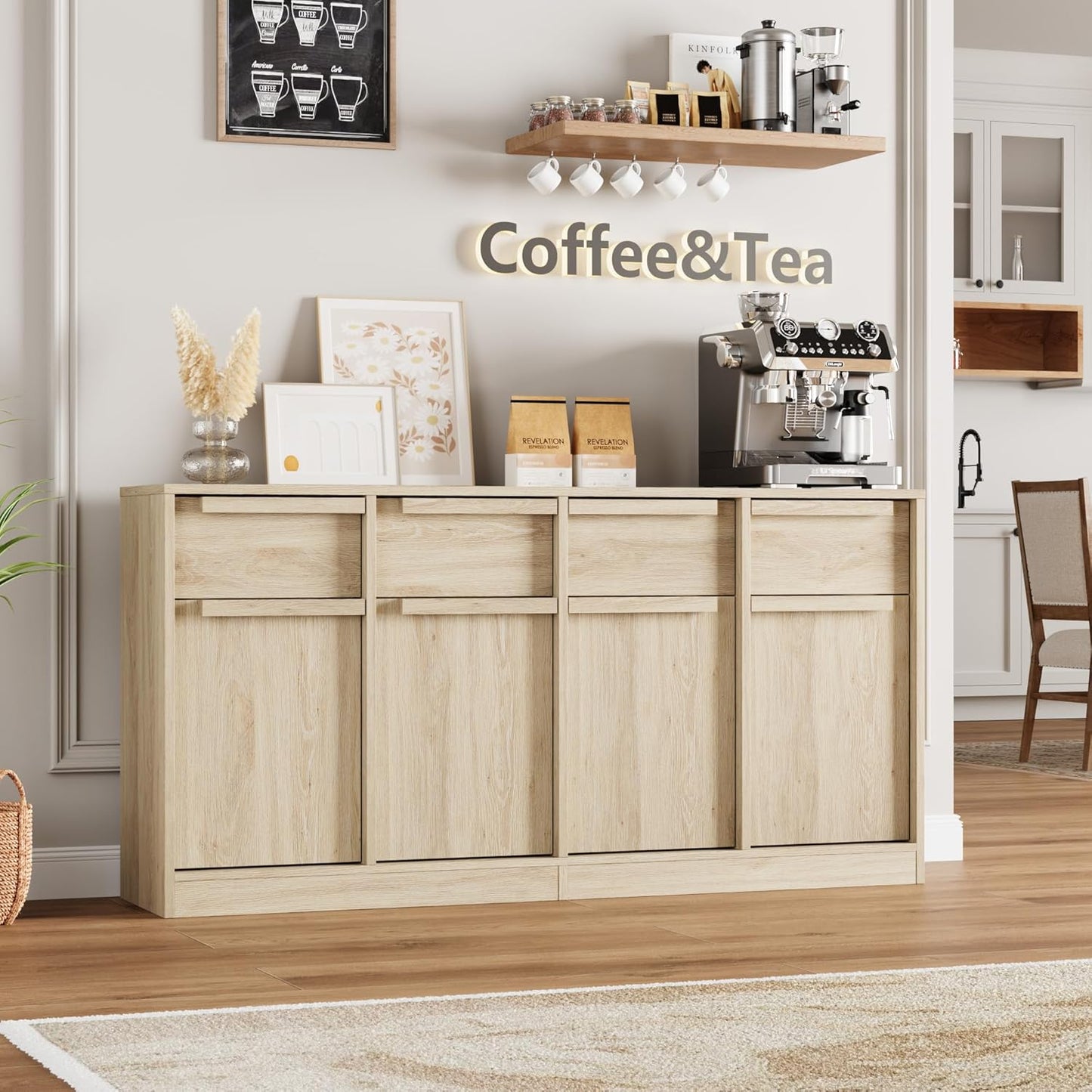 GarveeHome Sideboard Buffet Cabinet with 4 Drawers, 62.4" Large Coffee Cabinet with Storage, Modern Storage Buffet Table for Kitchen Dining Room, Living Room (Pear Wood, 4 Doors & 4 Drawers)