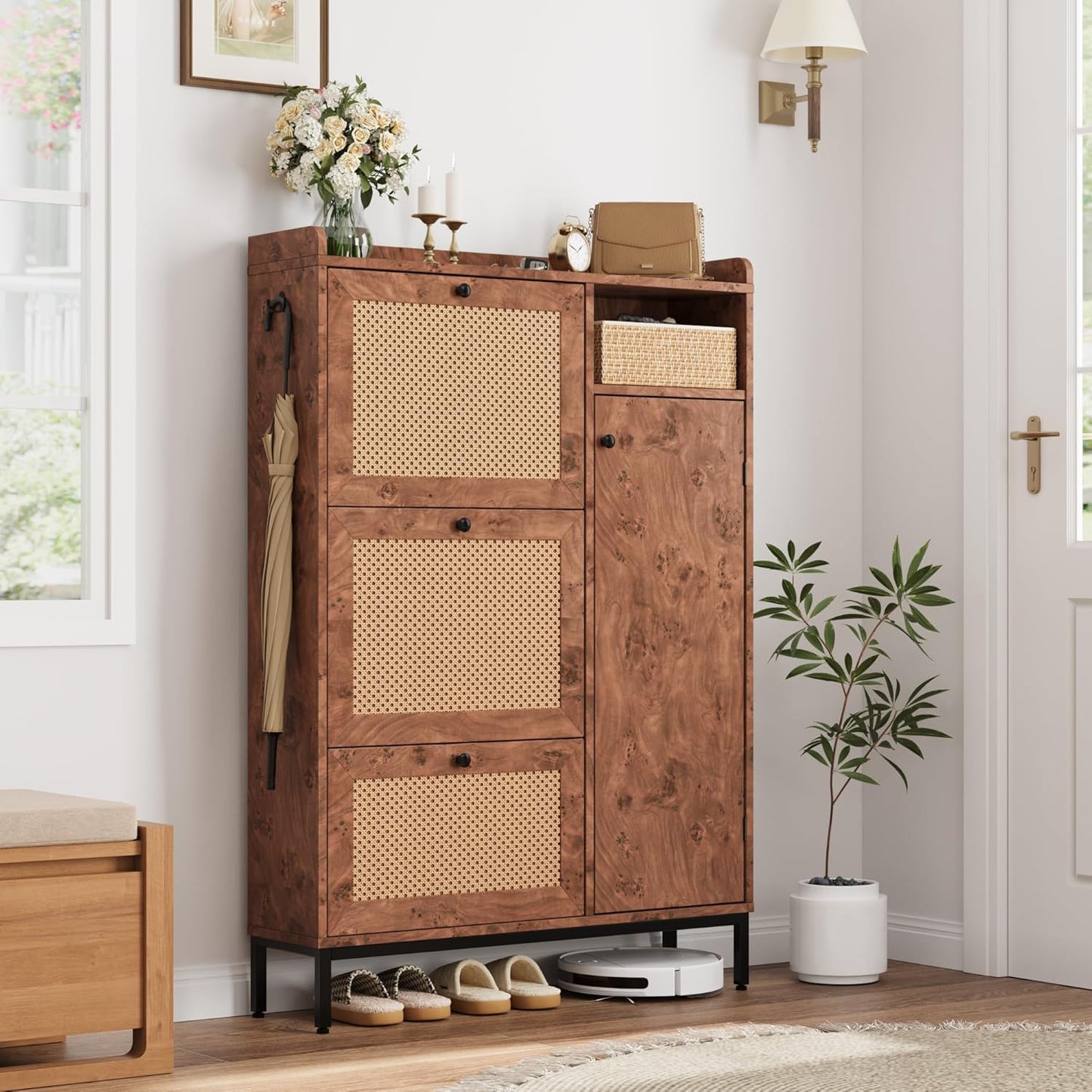 GarveeHome Shoe Cabinet Rattan with 3 Flip Drawers and 4-Tier Shoe Storage Cabinet, Freestanding Shoe Organizer with Adjustable Shelves for Entryway, Closet, Hallway (Tree Pomegranate)