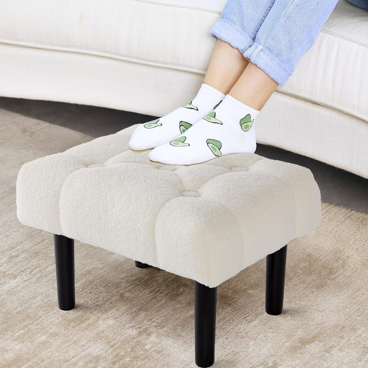 HOUCHICS Fur Padded Foot Stool, Small Ottoman with Wooden Legs, Modern Rectangle Chair Foot Rest for Living Room, Couch, Desk (White)