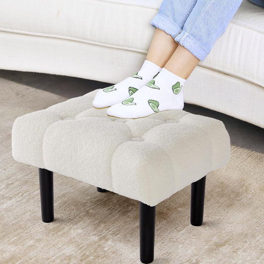 HOUCHICS Fur Padded Foot Stool, Small Ottoman with Wooden Legs, Modern Rectangle Chair Foot Rest for Living Room, Couch, Desk (White)