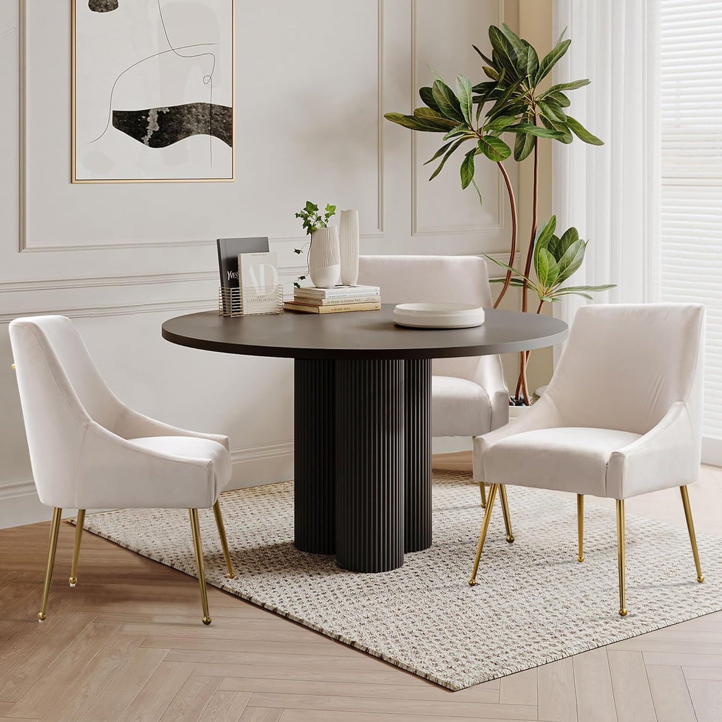 Modern Velvet Dining Chairs Set of 4, Contemporary Upholstered Furniture Collection with Polished Gold Metal Legs, Elegant Accent Chairs for Kitchen Living Room(White)