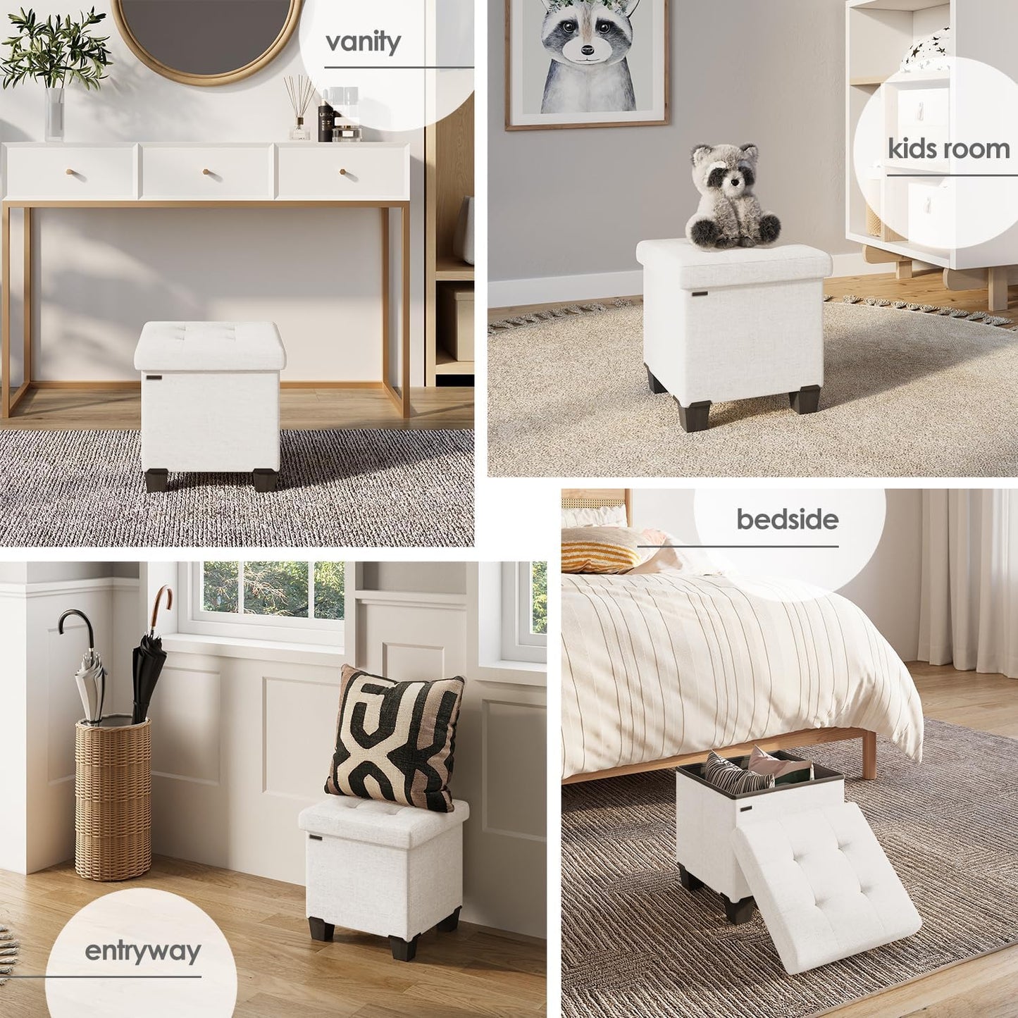 STORAGEBUD Storage Ottoman Cube with Small Bin, 16-in Square Ottoman with Storage for Living Room and Bedroom, Small Ottomans Foot Rest, Fabric Foot Stools Ottomans Max 330lbs, Cream