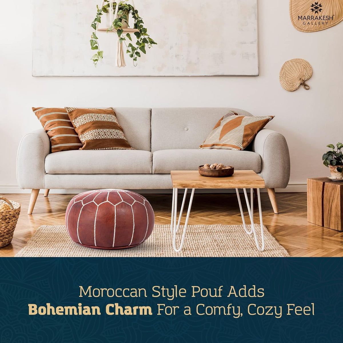 Marrakesh Gallery Genuine Leather Round Pouf Cover - Handmade Moroccan Ottoman Footstool, Unstuffed Footrest - Boho Decor - Bohemian Living Room, Bedroom, Kids Room - Housewarming Gift & Wedding