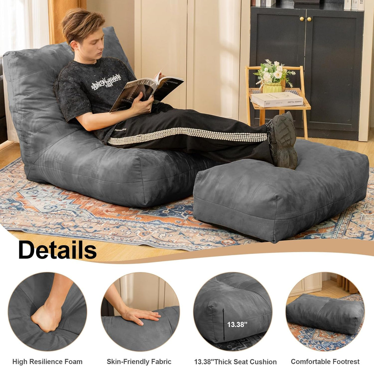 Bean Bag Chair with Ottoman, Comfy Bean Bag Sofa with Memory Foam, Lazy BeanBag Sofa with Footstool, Fireside Bean Bag Couch for Living Room, Bedroom, Apartment