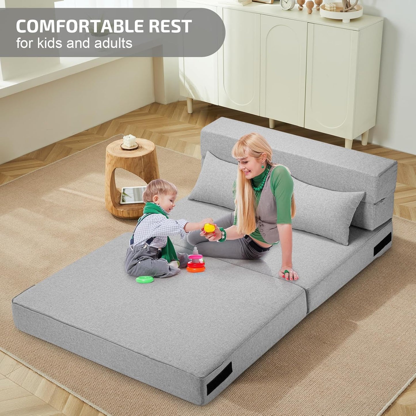 Folding Sofa Bed with Pillows- Convertible Chair Floor Couch & Sleeping Mattress, Foldable Memory Foam Sleeper for Living Room/Dorm/Guest Room/Home Office/Apartment/Loft, Twin, Light Gray
