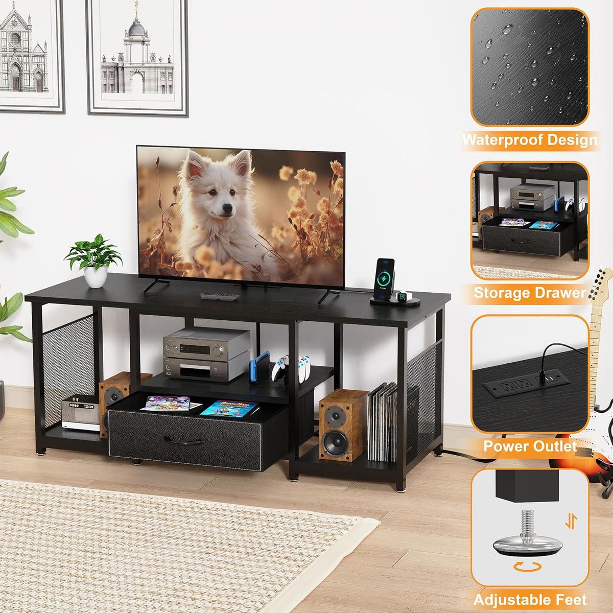 TV Stand with Drawers and Power Outlet for 65 60 55 Inch TV, Entertainment Center with Open Storage Shelves, Industrial Media TV Console Table for Living Room Bedroom Office, Black