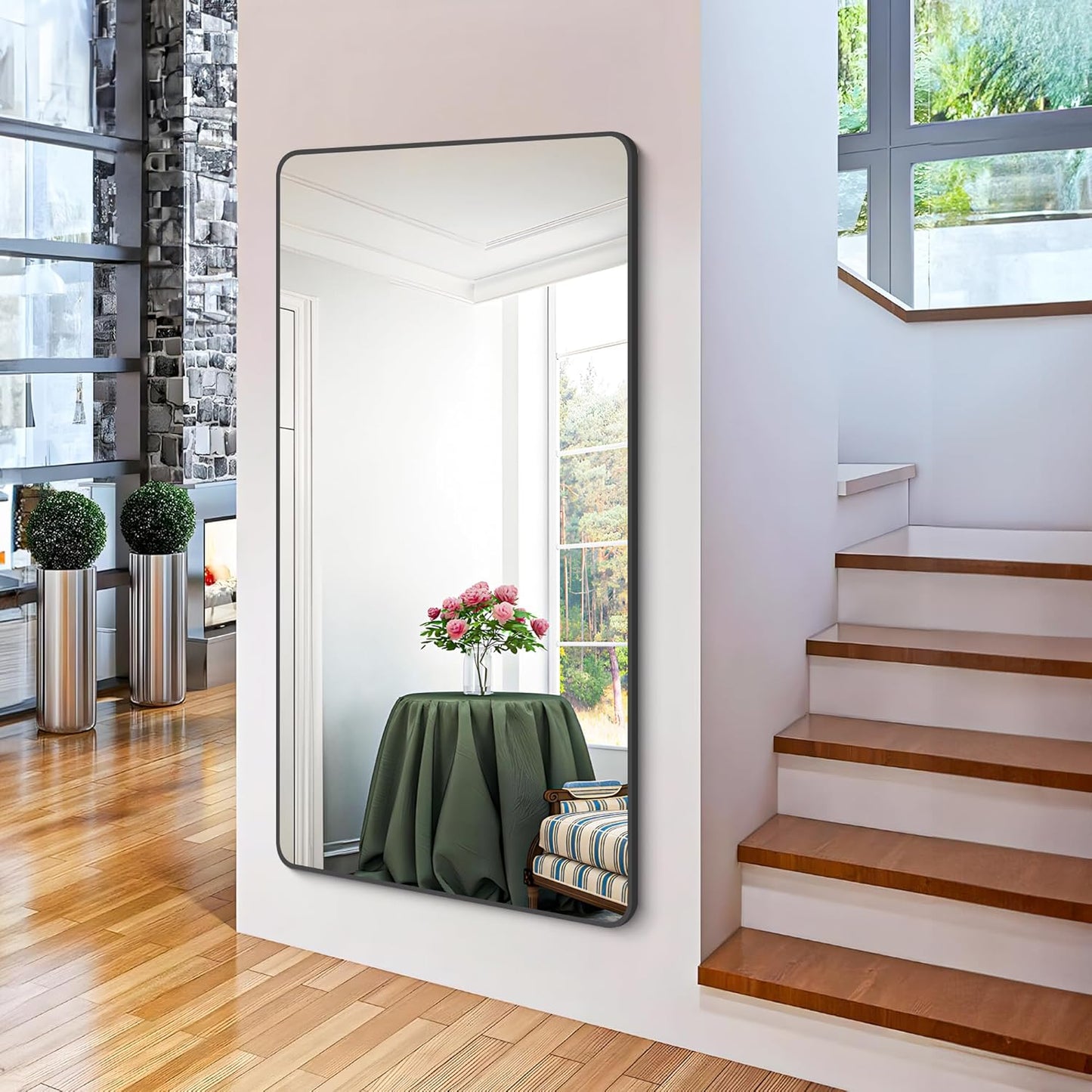 FORBATH Bathroom Mirror 30" x 55", Large Rectangular Wall Mirror with Black Aluminum Frame Rounded Corner, Wall Mounted Mirror for Bathroom Bedroom Entryway Living Room