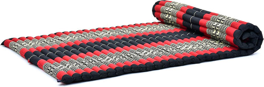 Leewadee - Kapok Roll Mat – Handcrafted Folding Sleep & Relaxation Mattress from Thailand, Ideal as Guest Bed, Camping Mat, Yoga Mat or Traditional Futon, 75 x 39 inches, Black Red
