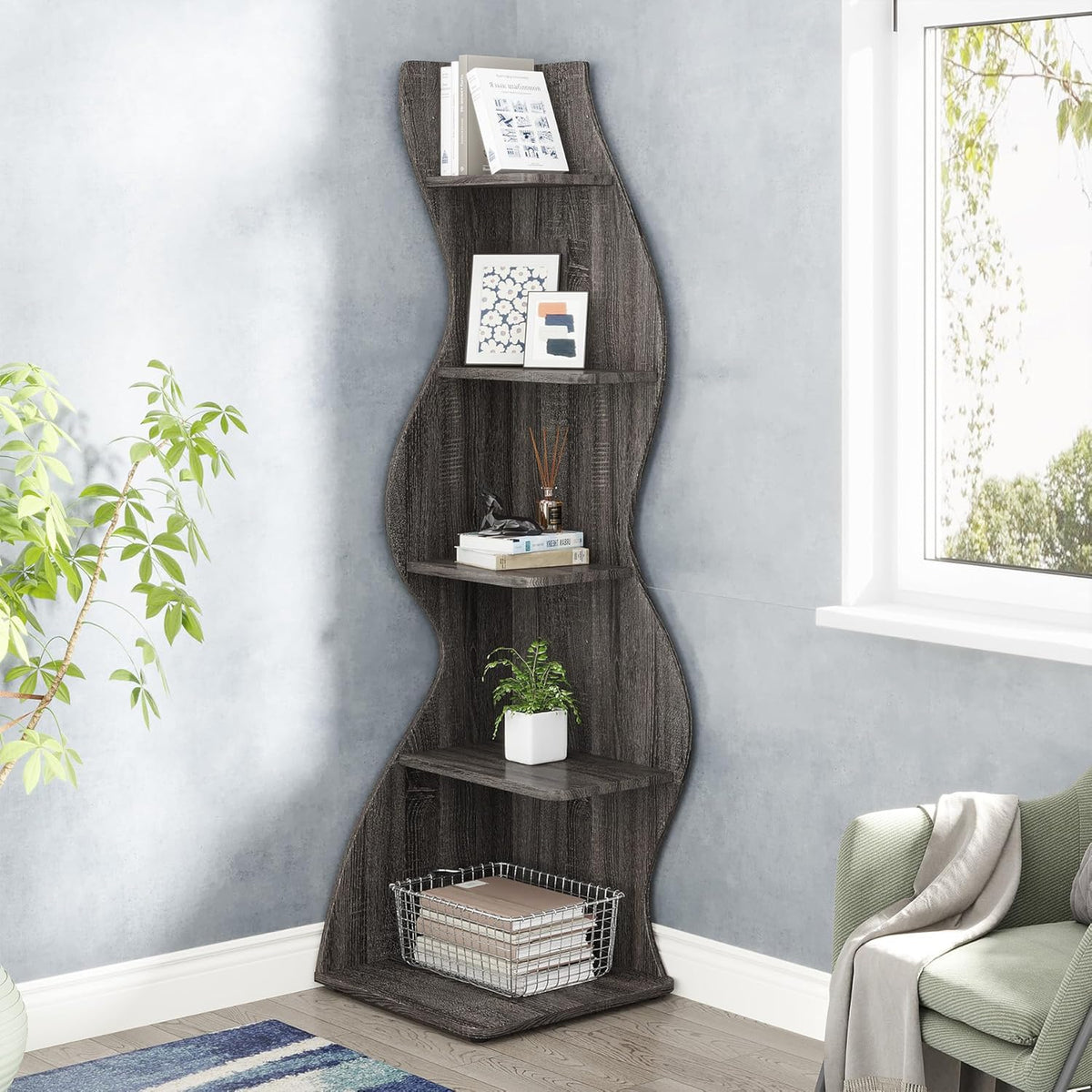 Tribesigns Corner Shelf, Modern 5-Tier Wall Corner Bookshelf, Stylish Corner Small Bookcase Storage Rack Plant Stand with Unique Shape for Living Room, Home Office, (1PC, Gray)