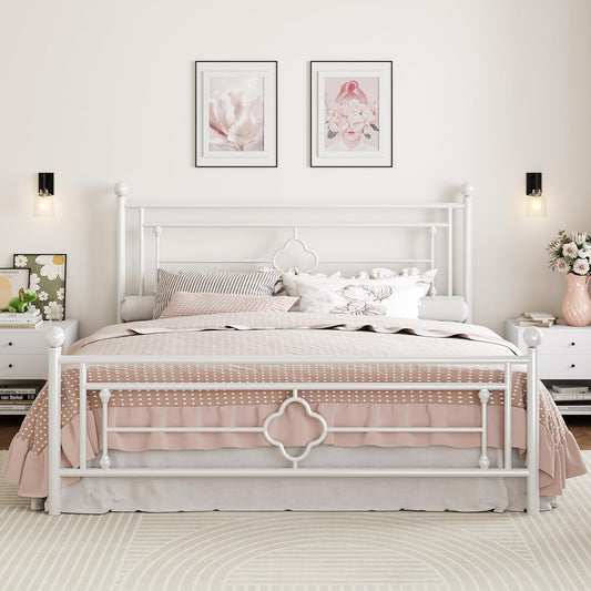 SHA CERLIN 14 Inches King Size Metal Platform Bed Frame/Vintage Iron-Art Headboard and Footboard/Mattress Foundation for Storage/No Box Spring Needed/Noise-Free/Easy Assembly/White