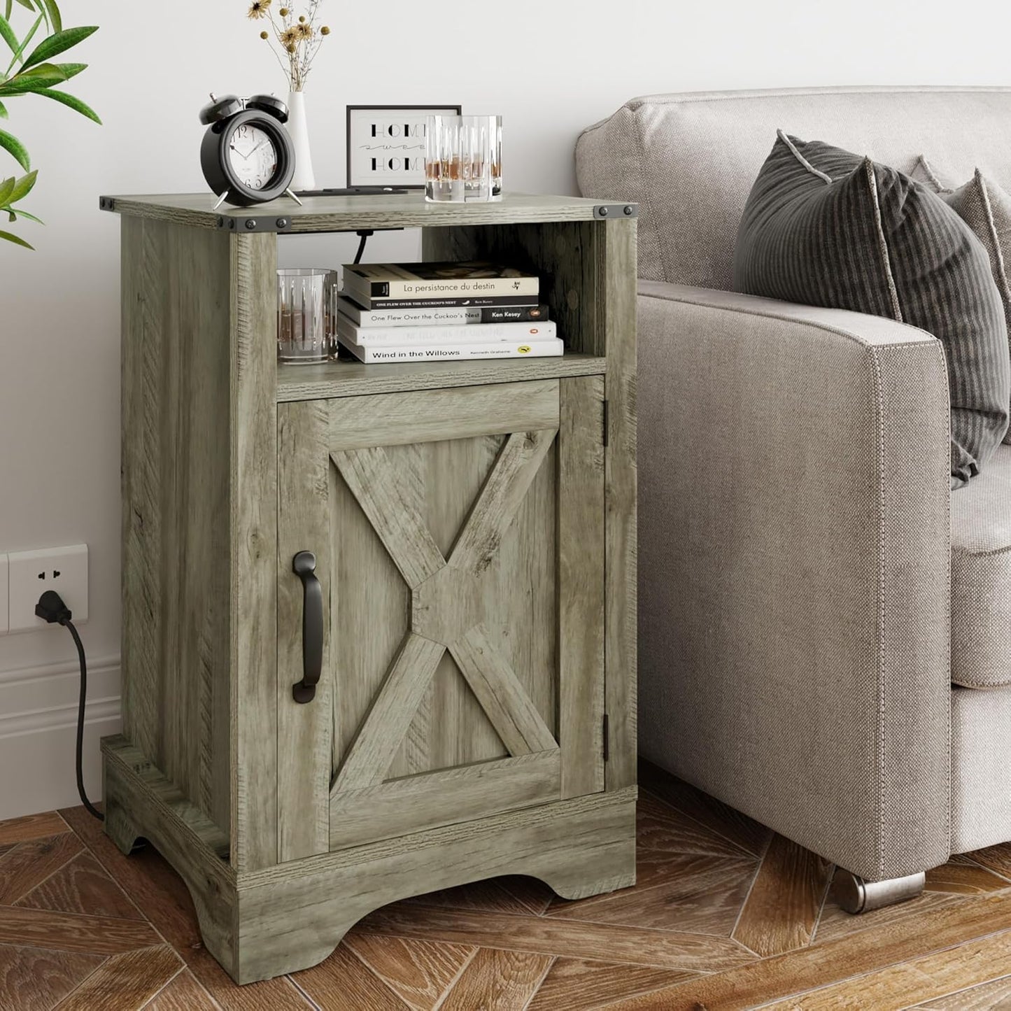 RoyalCraft Nightstand Set of 2, Grey End Table with Charging Station, Tall Farmhouse Bedside Table with Large Storage and Shelf, Wooden Side Table with for Bedroom, Home Office, Light Grey