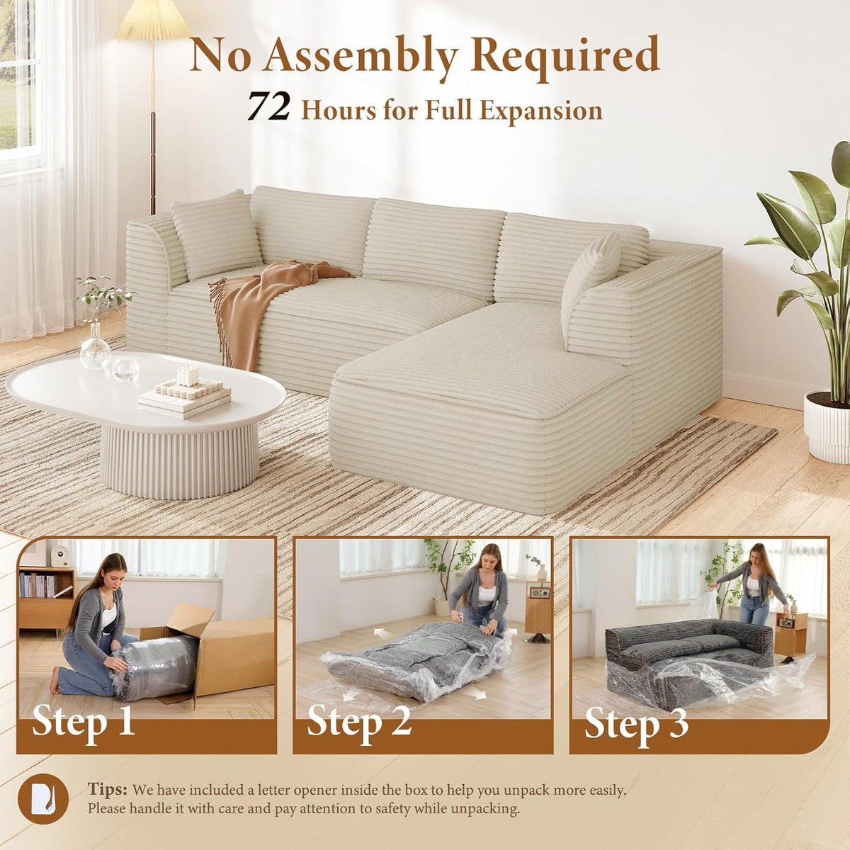 Vesgantti 106" Modular Sectional Sofa with Chaise, Deep Seat Comfy Cloud Couch Corduroy L Shaped Sofa Sectional Couches for Living Room Bedroom, No Assembly Required (Camel, Right-Facing Chaise)
